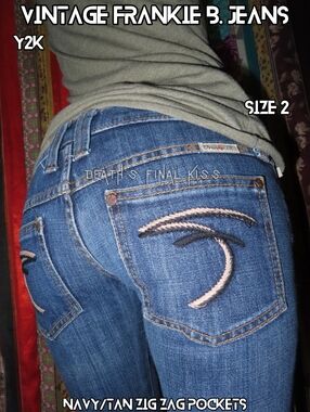 Vintage Y2K Frankie B. Zig Zag F Pocket Ultra Low Rise Blue Jeans Soft Denim 2